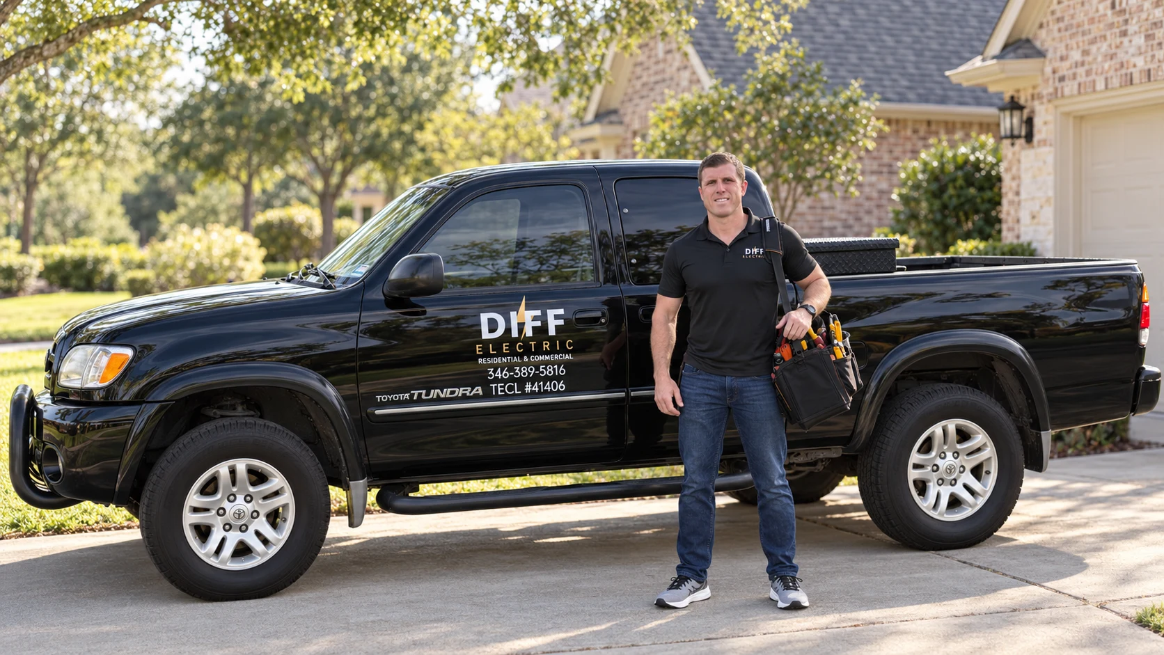 William and the black Diff Electric service truck in a residential driveway