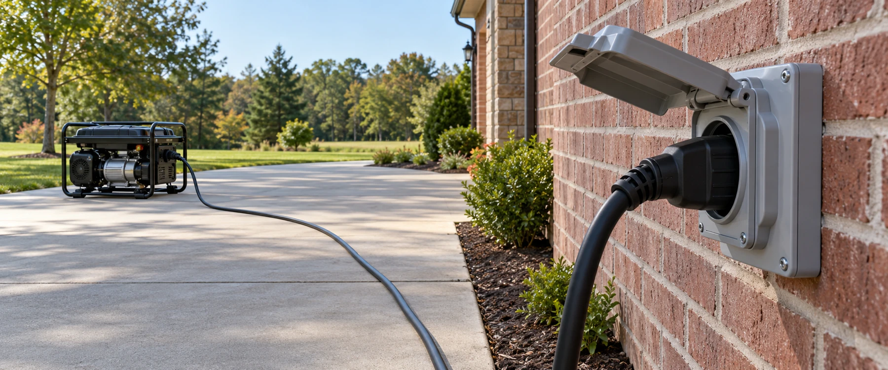 Portable generator connected by a proper cord to an outdoor power inlet